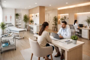 Consultório médico moderno e compartilhado, com profissionais da saúde realizando atendimentos em ambiente organizado, ideal para aluguel de consultório por período.