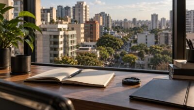Caderno de planejamento em escritório com vista para a cidade; imagem ilustrativa de investigação particular